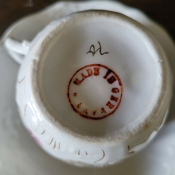 Antique Mustache Cup and Saucer "Remember Me" Flowers, Germany Mustache Mug - Picture 9 of 10